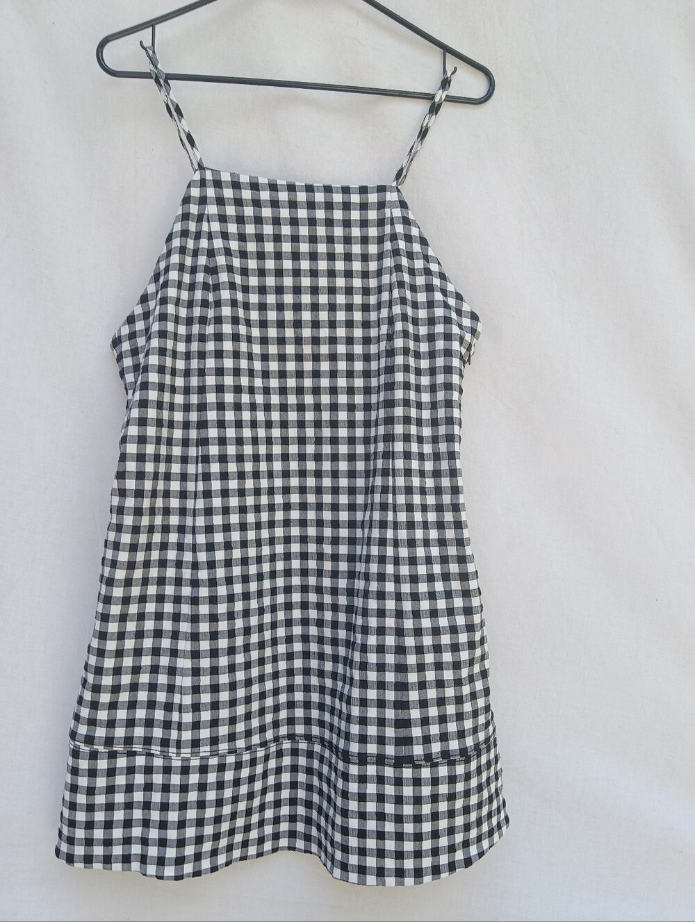 Anthropologie Black and White Gingham Halter Apron Style Tie Back Mini Dress